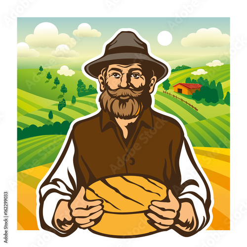 Cheese maker, farmer, cheese bread, landscape background
