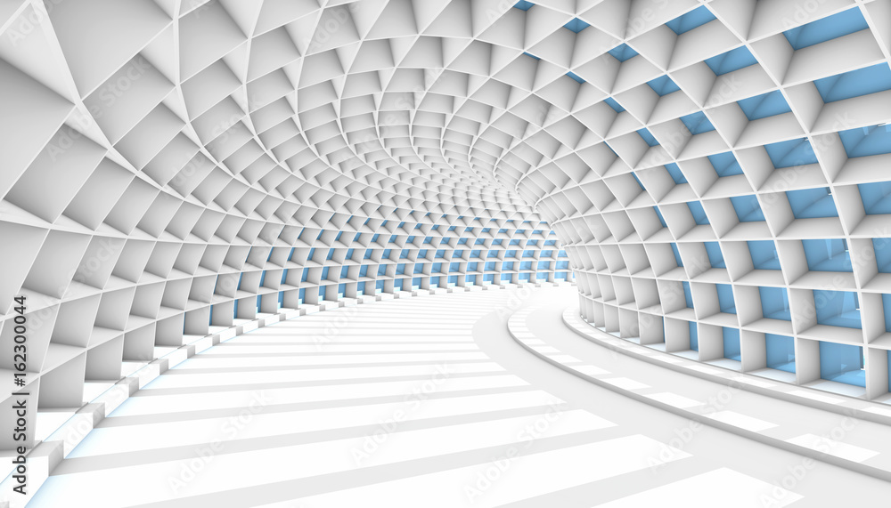 Fototapeta Biały tunel z niebieskimi okienkami. Fototapeta 3D