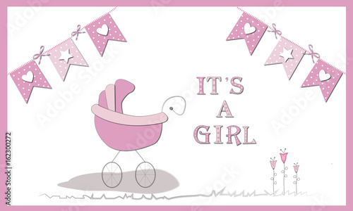 Felicitación nacimiento niña con banderines.