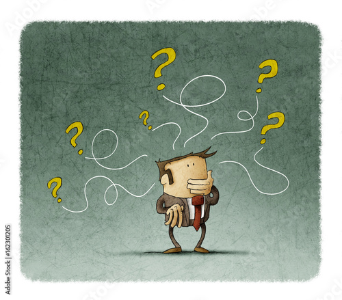 man is thinking while some questions come out of his head