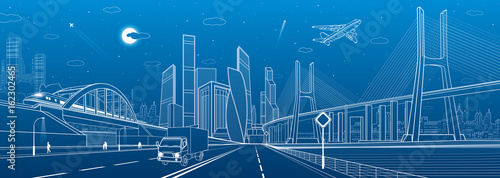 Сable-stayed bridge. Wide highway. Road overpass. Urban infrastructure, modern city on background, industrial architecture. People walking. Truck rides. White lines, night scene, vector design art 