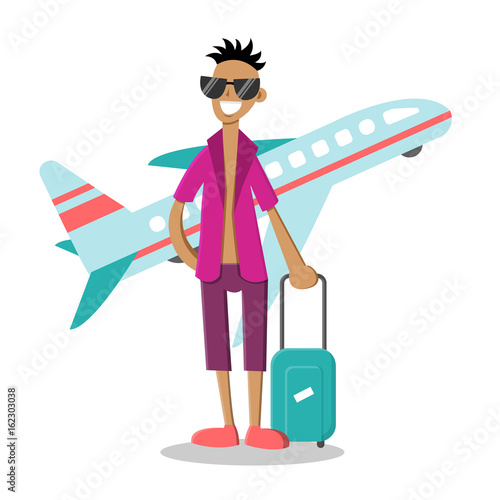 Smiling man with luggage with an airplane on background