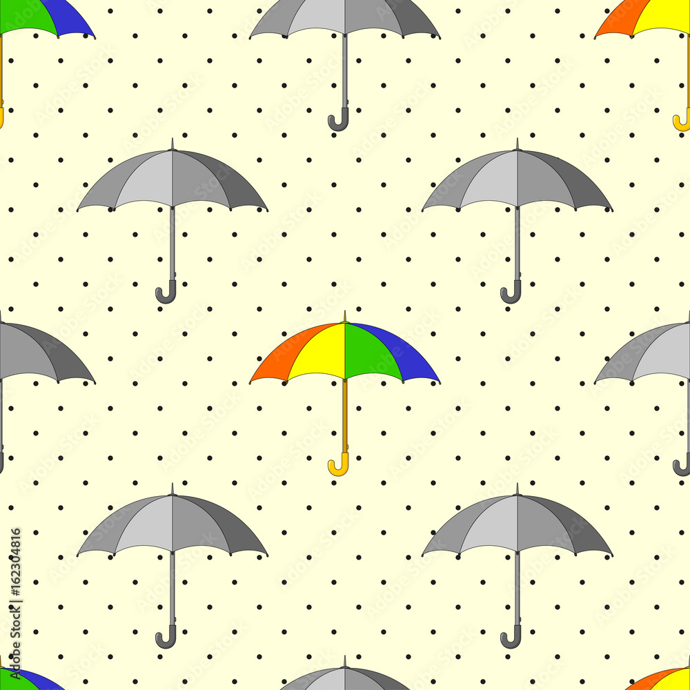 Seamless pattern with grey and colorful umbrellas and raindrops