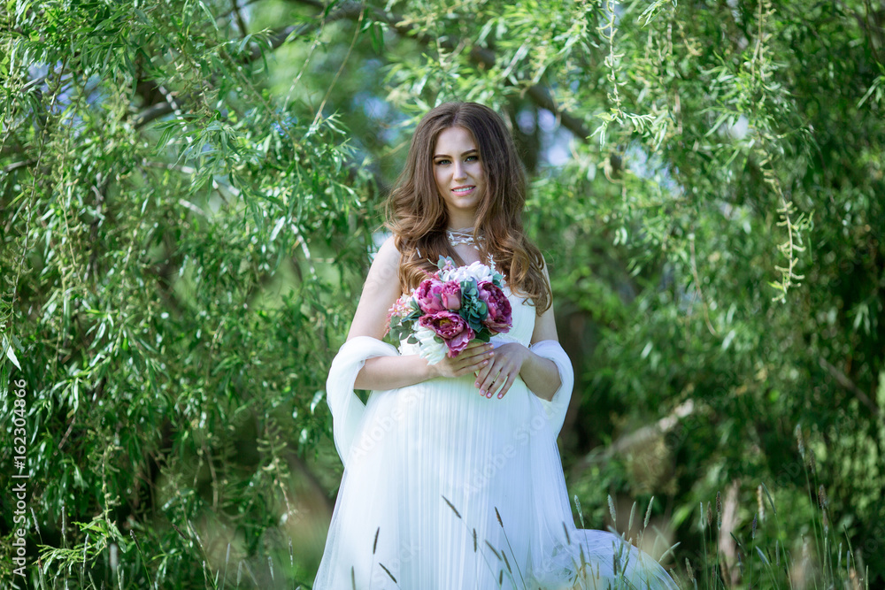 Brunette bride in fashion white wedding dress with makeup Brunette bride in fashion white wedding dress with makeup