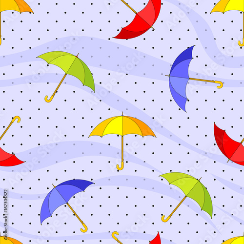 Seamless pattern with colorful umbrellas and raindrops