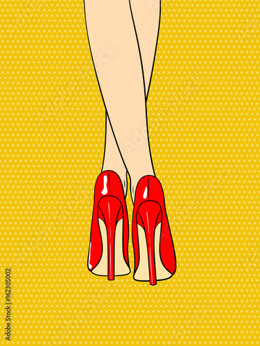 Sexy female feet in high heels. Pop art vector illustration