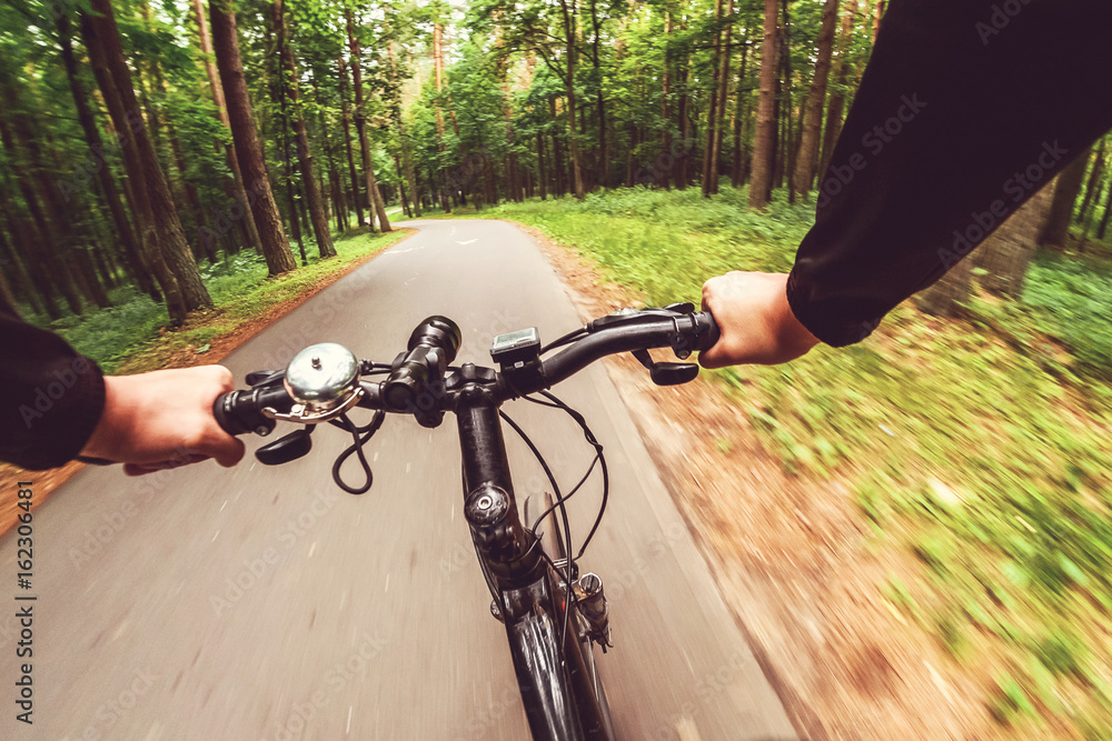 Mountain biking down hill descending fast. View from bikers eyes. Motion blurred