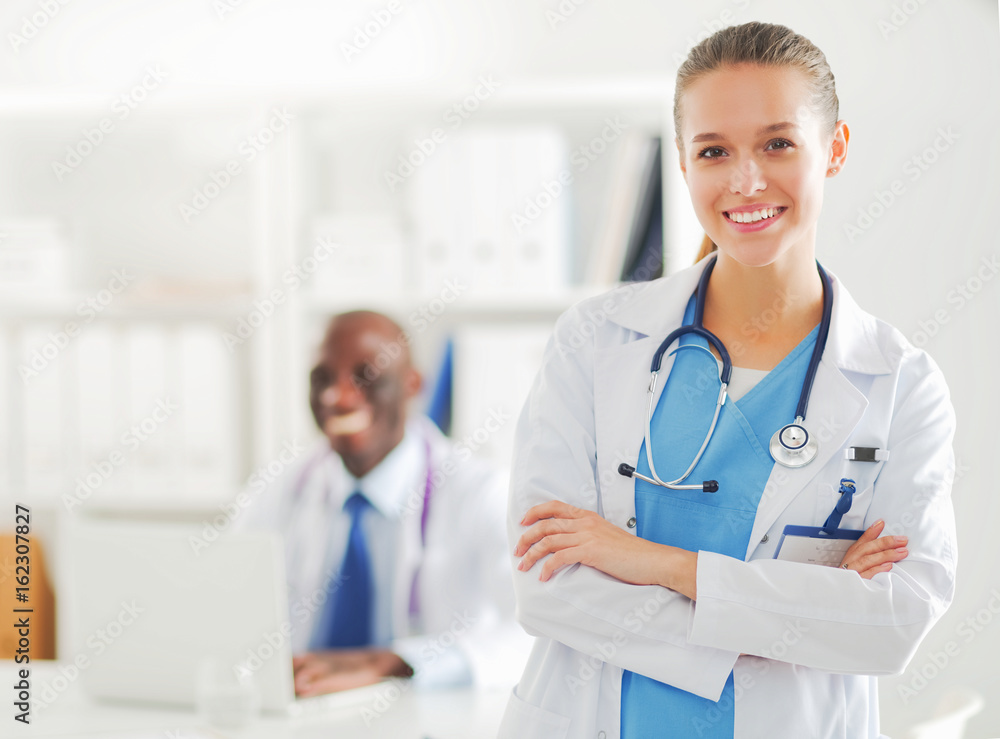 Medicine doctor offering hand to shake in office closeup. Doctors Medicine doctor offering hand to shake in office closeup. Doctors