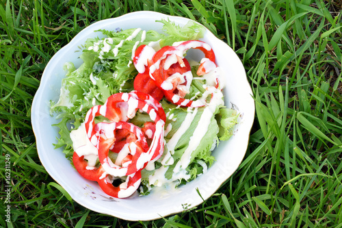 Fotografia Salad on green grass background. Top view image.