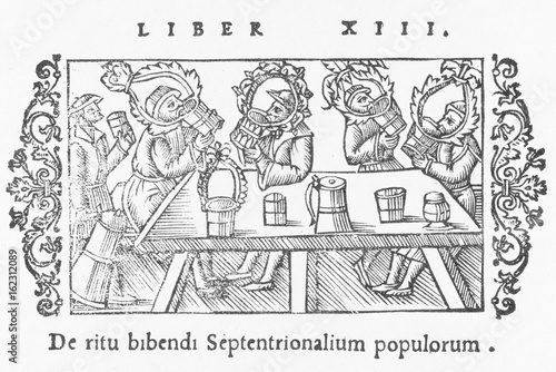 Medieval drinking scene in Scandinavia. Date: 1560