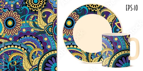 colorful zen floral pattern with mandalas and dishes mockup