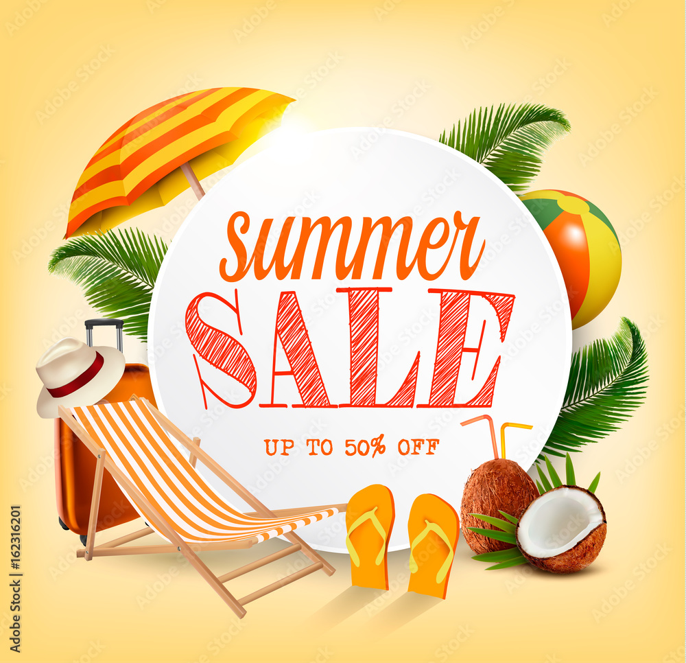 Summer Sale Template Vector Banner With Colorful Beach Elements