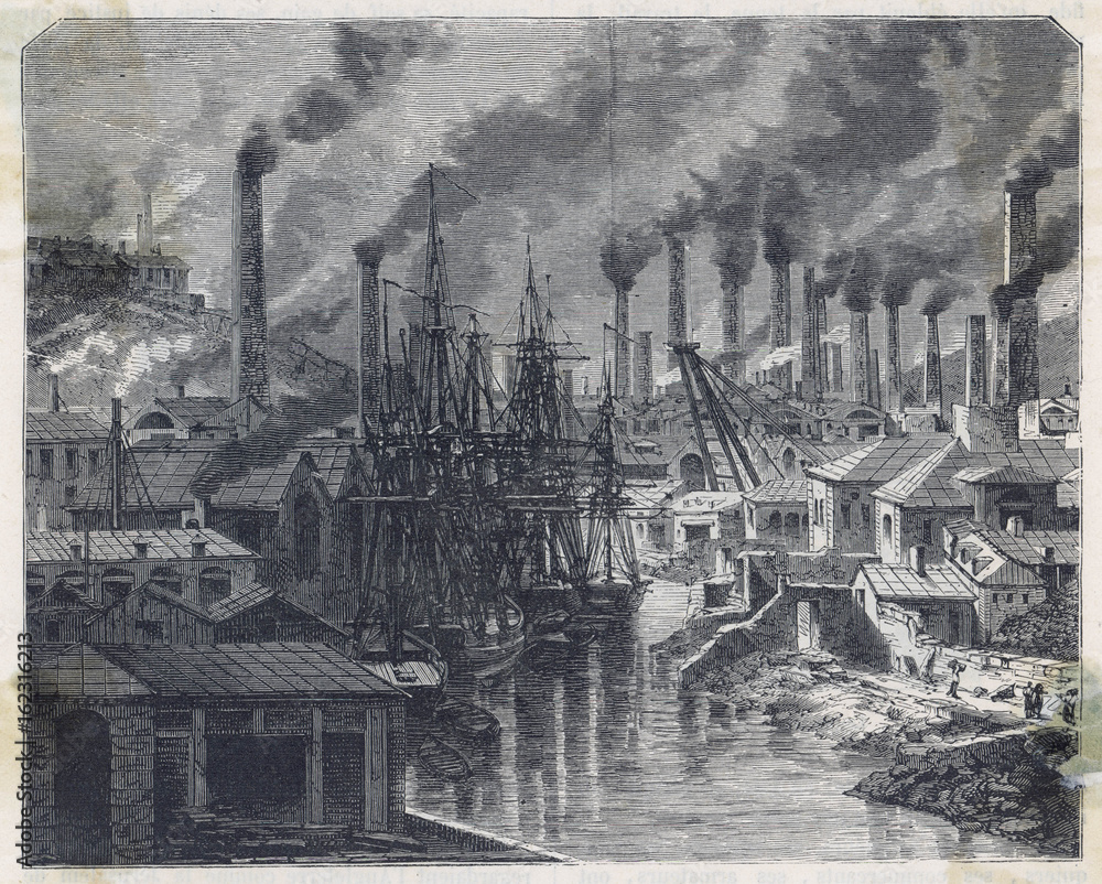 Copper works in Cornwall  with smoking chimneys. Date: circa 1860