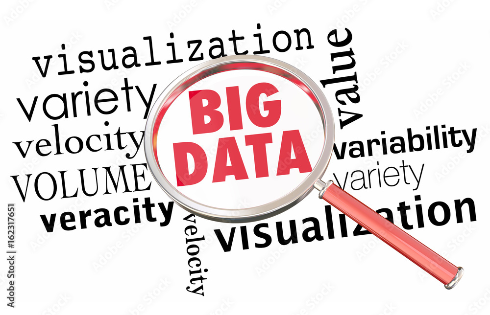 Big Data Volume Variety Velocity Magnifying Glass Words 3d Illustration Big Data Volume Variety Velocity Magnifying Glass Words 3d Illustration