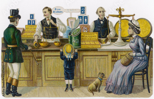 Food shopping: grocer's shop scene. Date: late 19th century