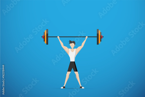 healthy man lifting weights over head, health concept