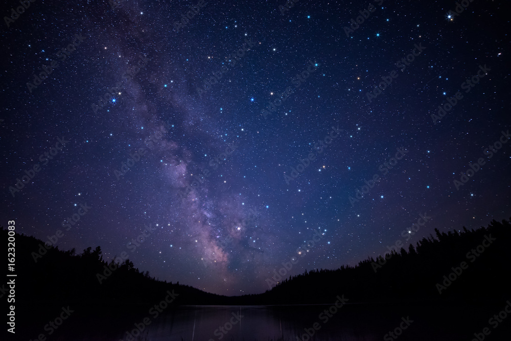 Clear Shot of Milky Way over lake with trees and twinkling stars