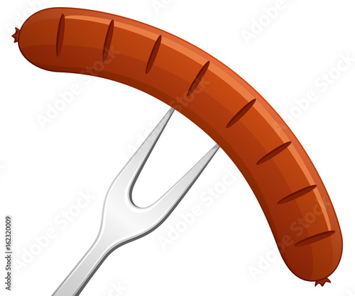 Vector illustration of a hot dog or sausage on a barbecue-style fork.