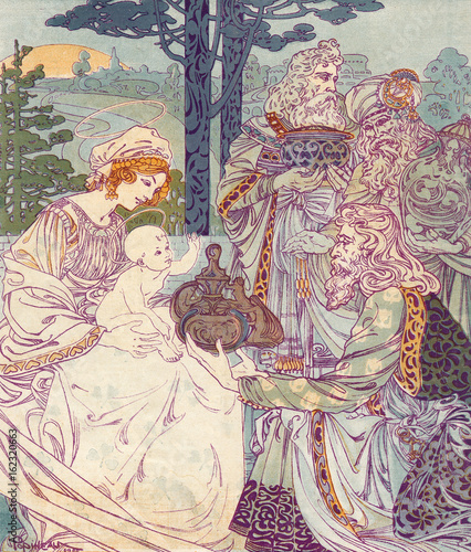 Three Wise Men visiting Mary and the Christ Child. Date: 1900