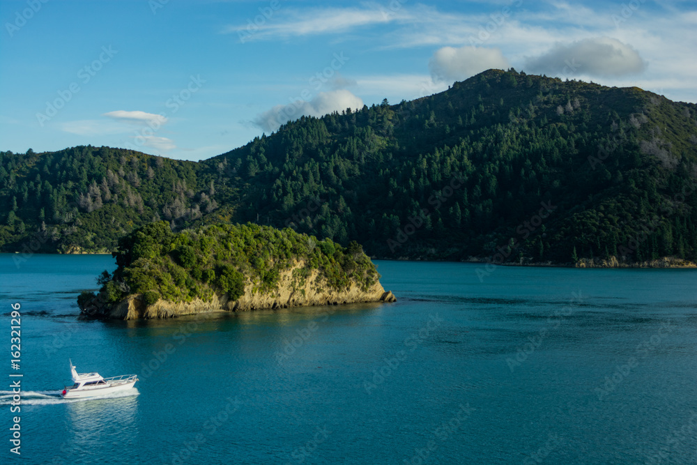 View of a boat near Picton, New Zealand