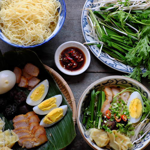 Vietnam food, egg noodle soup with wontons