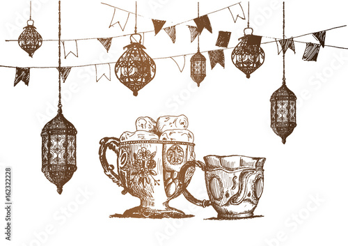 Ramadan Kareem Iftar party celebration, Hand Drawn Sketch Vector illustration. photo