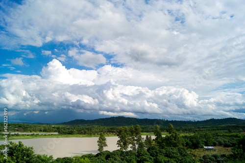 Blue sky with white clouds,Cloudy sky and mountain water.