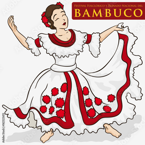 Beautiful Woman Wearing a Traditional Colombian Dress to Dance Bambuco, Vector Illustration