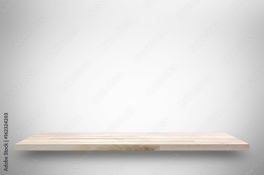 Wooden shelf on white gray gradient background Wooden shelf on white gray gradient background