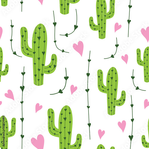 Cute cactus seamless pattern with hearts in green, pink and white colors. Natural vector background