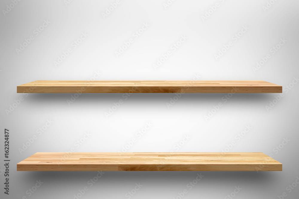 Double wooden shelves on white gray gradient background