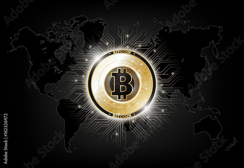 Golden bitcoin digital currency on world map, futuristic digital money, technology worldwide network concept, vector illustration