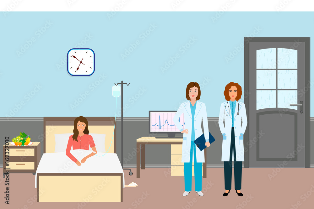 Medical doctor and nurse with a female patient. Medicine workers standing near sick woman in hospital ward. Medical doctor and nurse with a female patient. Medicine workers standing near sick woman in hospital ward.