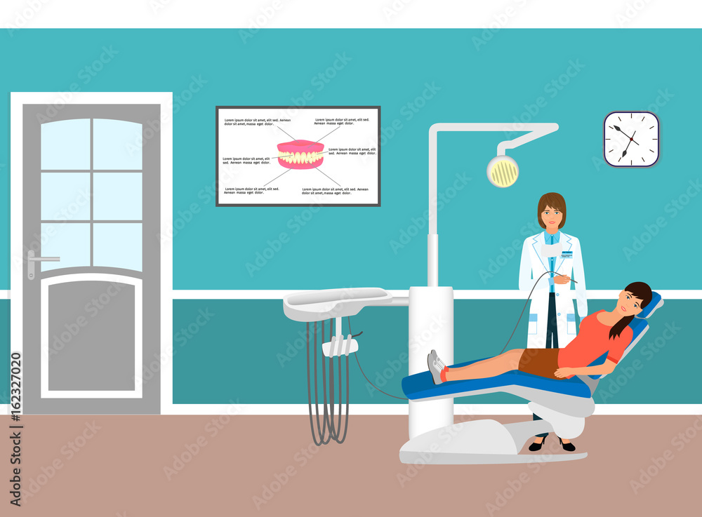 Medical doctor and patient on armchair in dentists office. Woman in dental clinic. Medicine care