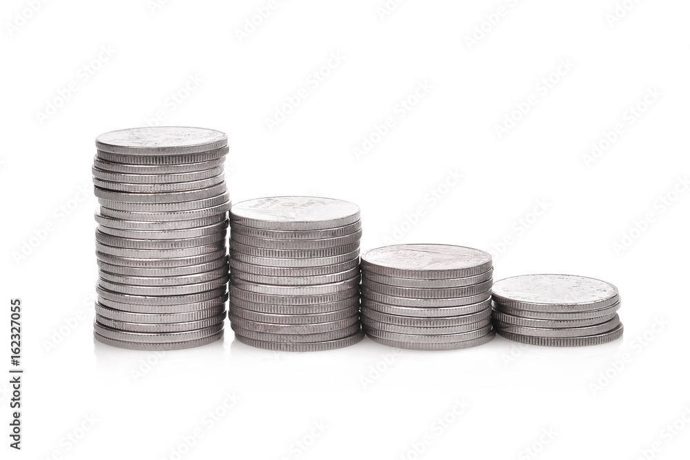 silver coins steps of Thai Baht isolated on white background for financial or investment concept silver coins steps of Thai Baht isolated on white background for financial or investment concept