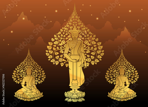 Buddha and Bodhi tree gold color of thai tradition,vesak day