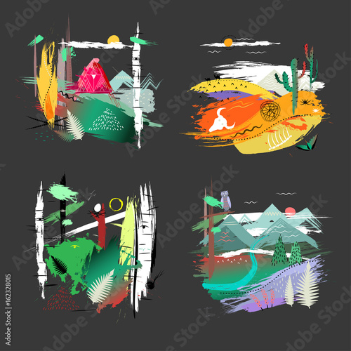 Four hand drawn illustrations of nature, landscapes on black background. Concept for poster, print, advertising, touristic brochure, t-shirt.