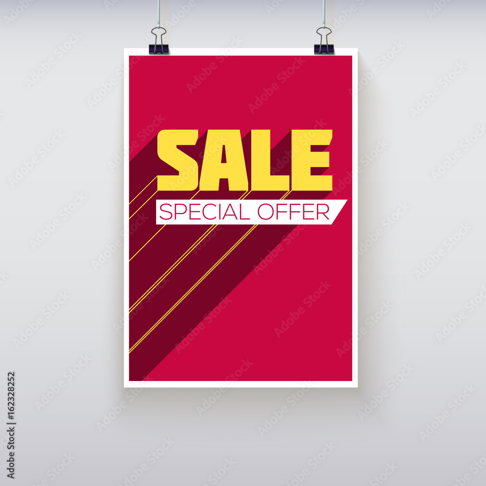 Sale poster with long shadow on red backdrop. Mock-up discounts template. Clearance Sale banner, flyer, A red banner hanging in front of a white wall. Sale poster with long shadow on red backdrop. Mock-up discounts template. Clearance Sale banner, flyer, A red banner hanging in front of a white wall.