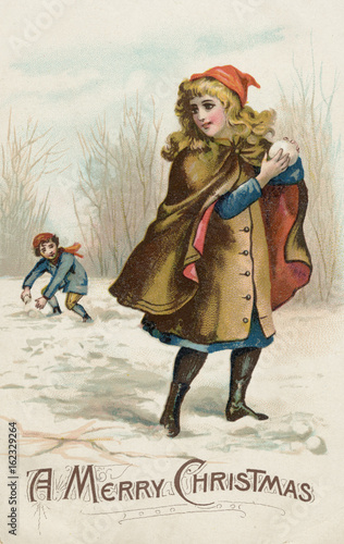 Girl Snowballing. Date: circa 1890