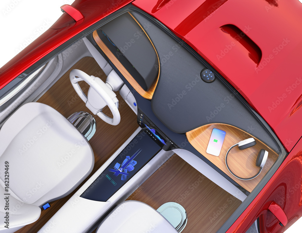Top view of electric car interior. Smart phone charging on the dashboard by wireless charging unit. 3D rendering image.