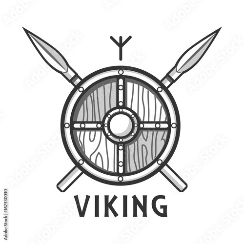Vikings shield with two crossed spears and small rune