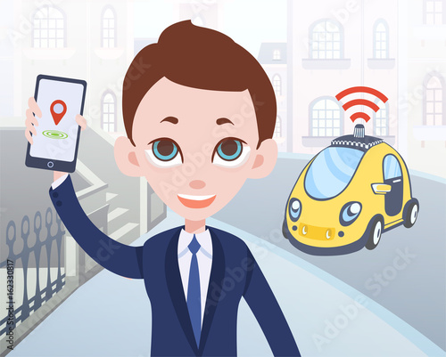 Man ordering driverless taxi using mobile application. Cartoon businessman character with smartphone in hand and car on city street background. Vector illustration.