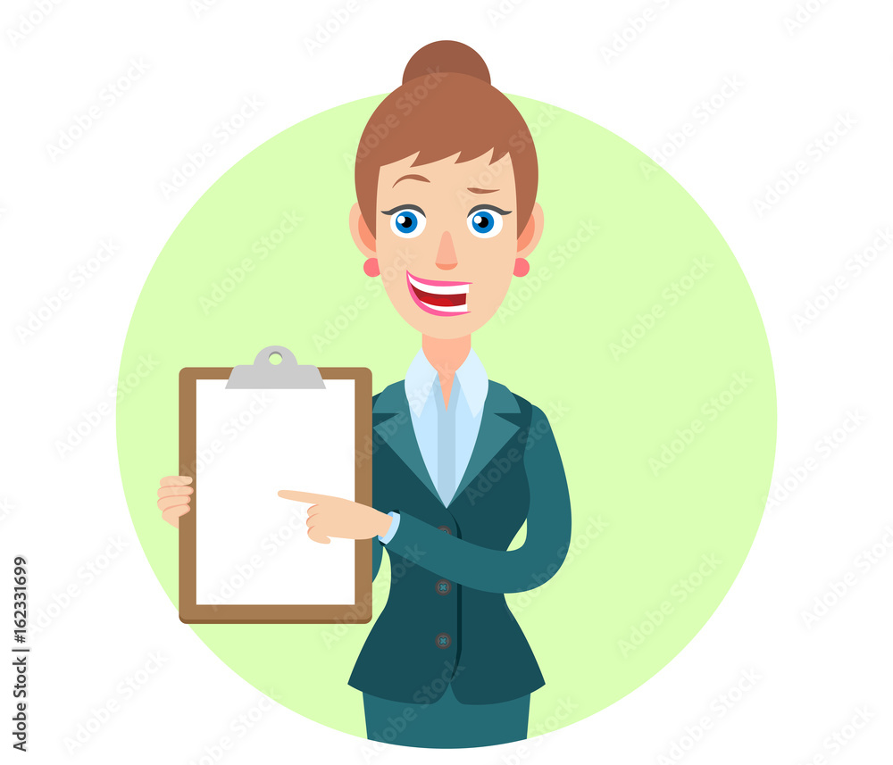 Businesswoman pointing at clipboard