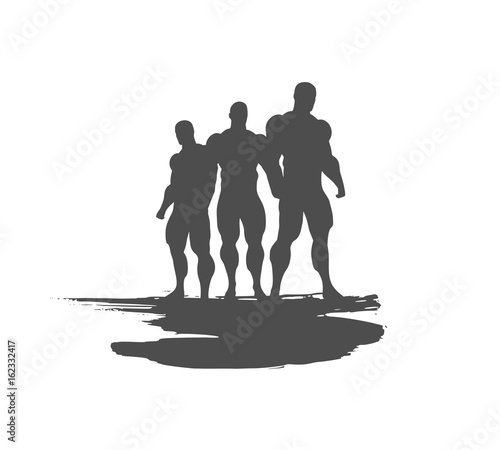 The collection of 3 Body building silhouette. Bodybuilders posing on grunge brush stroke.