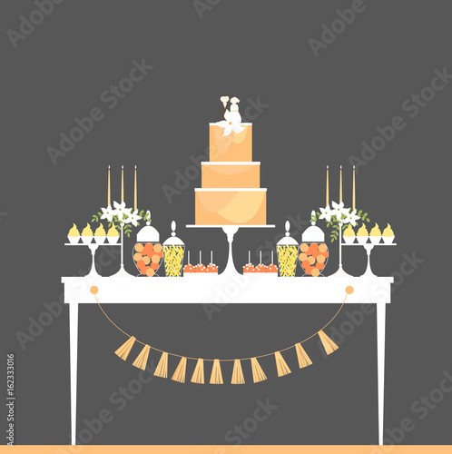 Wedding dessert bar with cake. Sweet table. Candy Buffet.  Vector illustration.