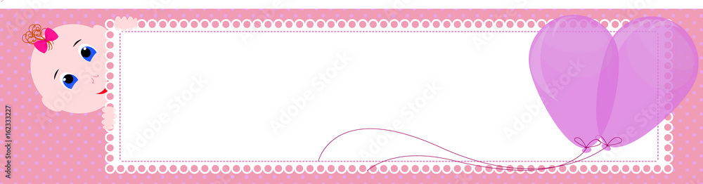 Baby shower banner. Cute girl holding the sign for writing. Design banner, invitation or greeting card for baby shower.
