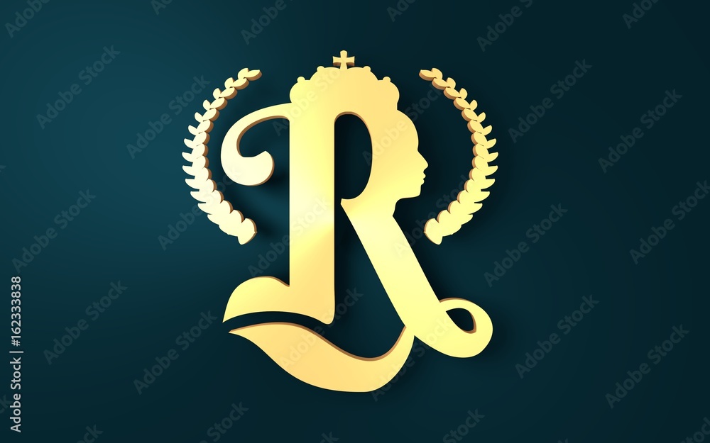Royal crown logo. Business golden emblem with R letter and face silhouette. 3D rendering Royal crown logo. Business golden emblem with R letter and face silhouette. 3D rendering