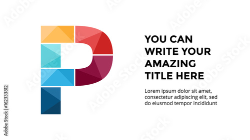 Vector alphabet infographic, presentation slide template. Business concept with letter P and place for your text. 16x9 aspect ratio.
