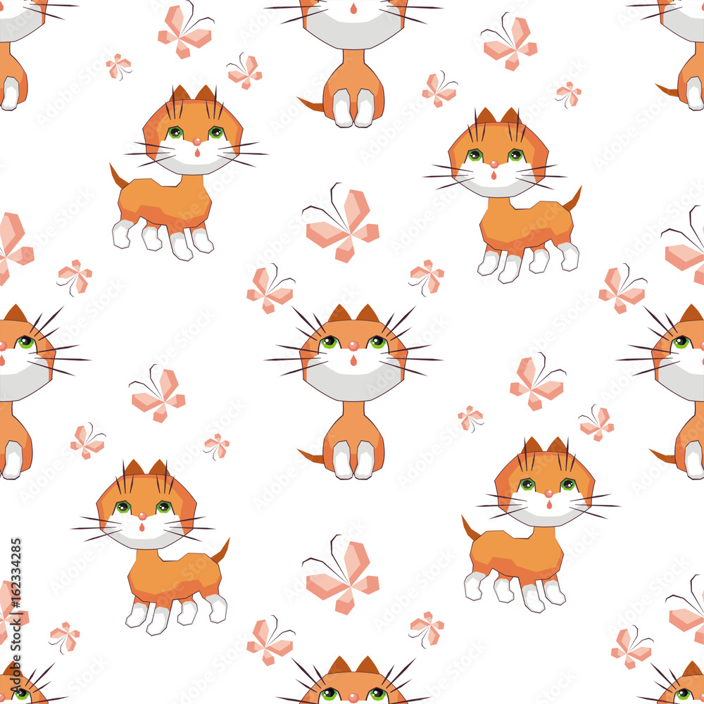 Fototapeta premium Small funny kitten plays with a butterfly. Children's full color seamless pattern in cartoon style.
