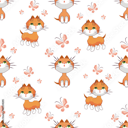 Small funny kitten plays with a butterfly. Children's full color seamless pattern in cartoon style.